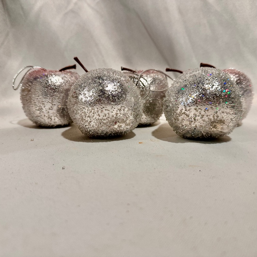Vintage Silver Glittered Fruit Holiday Ornament Set of 5-Apples and Pears